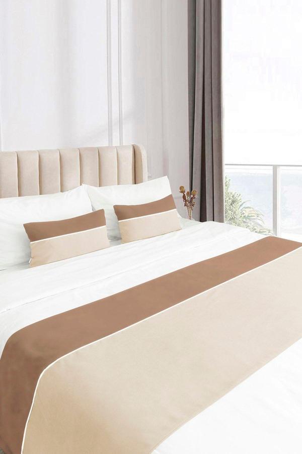 Ritmo Home Yatak Runner & Iç Dolgulu Kırlent Seti Çift Kişilik Biyeli Toprak/krem, Çeyiz, Yatak Örtüsü - Image 1