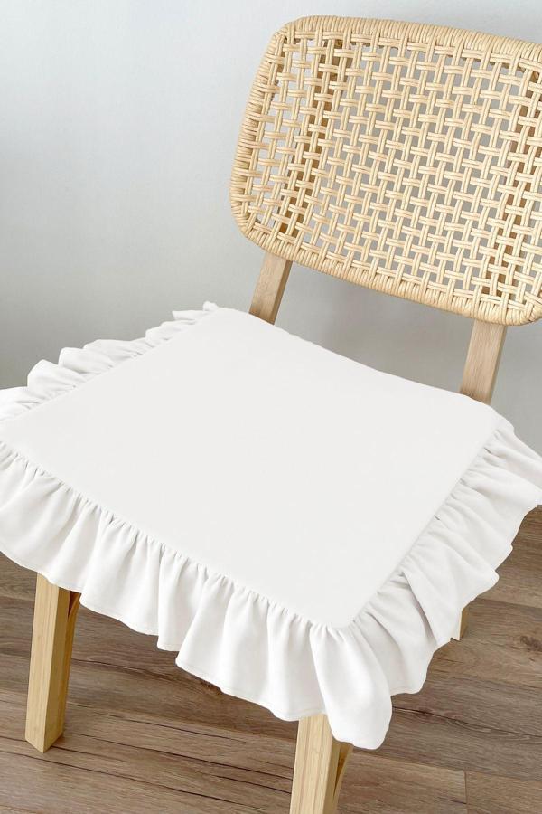 Ritmo Home Sıvı & Leke Itici Vintage, Country, Bohem, Rustik Fırfırlı Iskandinav Sandalye Minderi Beyaz - Image 1