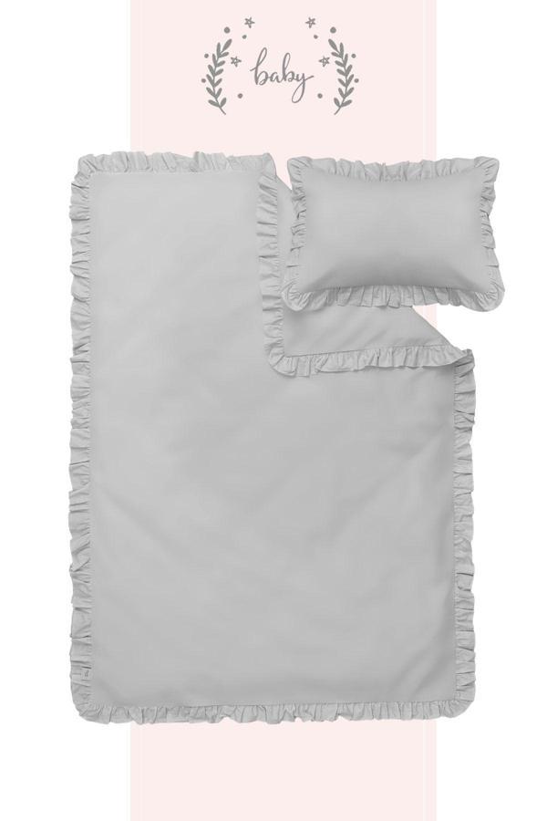 Piamom 100x150 Sade Düz Fırfırlı %100 Pamuklu Bebek/çocuk Nevresim Takımı Gri - Image 1