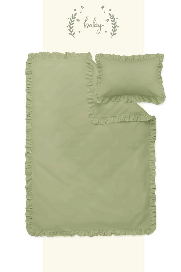 Piamom 100x150 Sade Düz Fırfırlı %100 Pamuklu Bebek/çocuk Nevresim Takımı Yeşil - Image 1