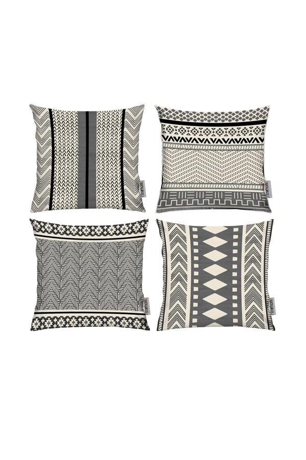 Ritmo Home İskandinav, Cozy, Bohem, Modern Çift Tarafı Baskılı 4'lü 43x43 Kırlent Kılıfı Krem, Siyah. Gri - Image 1