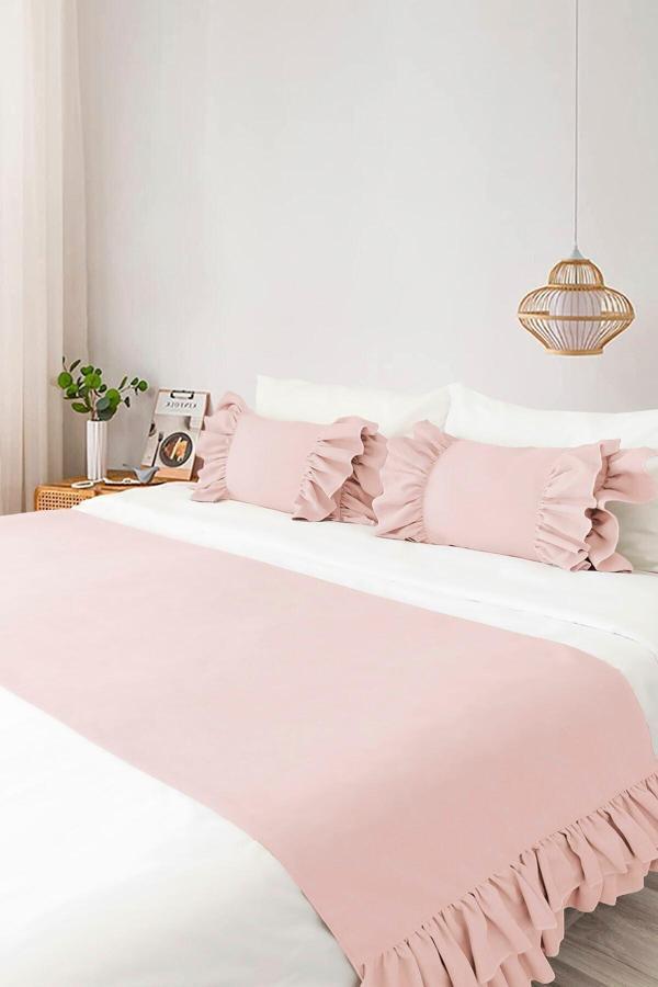 Ritmo Home Yatak Runner & Iç Dolgulu Kırlent Seti Çift Kişilik Fırfırlı Pembe, Çeyiz, Yatak Örtüsü - Image 1