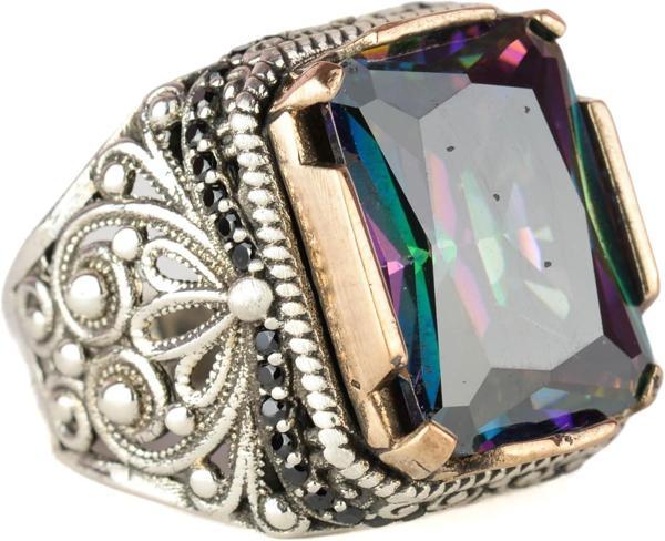 925 Ayar Gümüş Yüzük, Doğal Olmayan Mystic Topaz Taşlı Gümüş Yüzük, Mystic Topaz Gümüş Erkek Yüzük (Özelleştirilebilir) - Image 1