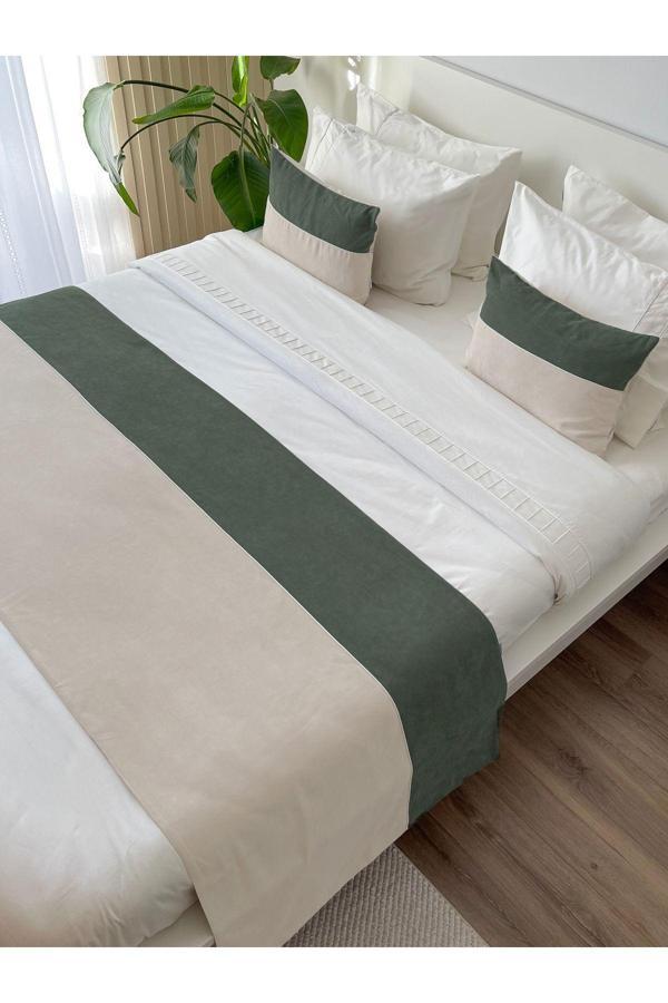 Ritmo Home Yatak Runner & Iç Dolgulu Kırlent Seti Çift Kişilik Biyeli Krem/yeşil, Çeyiz, Yatak Örtüsü - Image 1