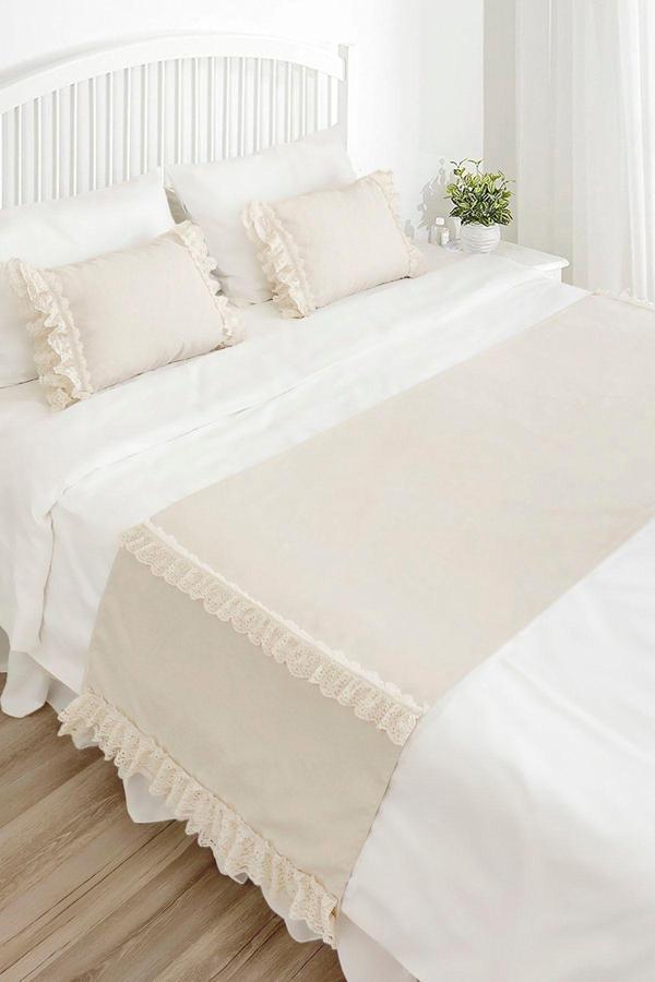 Ritmo Home Yatak Runner & Iç Dolgulu Kırlent Seti Çift Kişilik Fırfırlı Vintage Krem Çeyiz, Yatak Örtüsü - Image 1