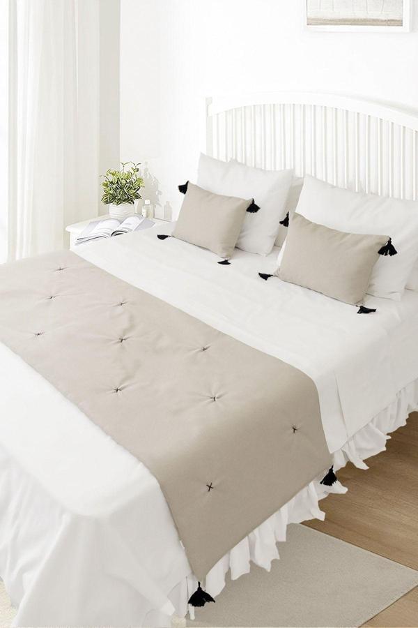 Ritmo Home Yatak Runner & Iç Dolgulu Kırlent Seti Çift Kişilik Keten Püsküllü Taş Çeyiz, Yatak Örtüsü - Image 1