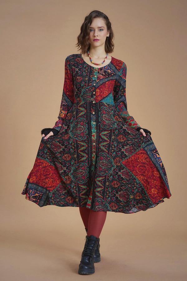 Desenli Uzun Kollu Asimetrik Kesim Kışlık Kadın Elbise - Image 1