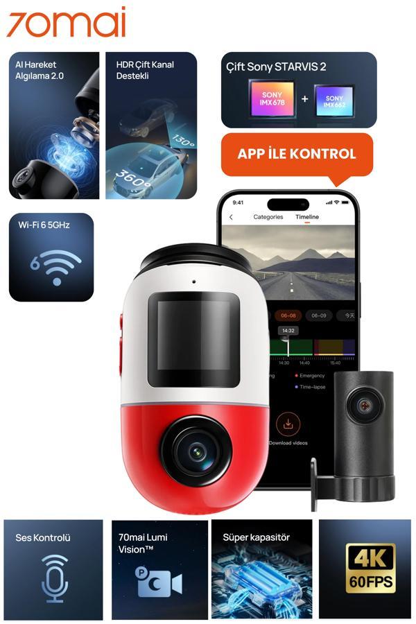 70mai Dash Cam X800 Ön Kamera+RC14 Arka Kamera Kırmızı (128GB) - Image 1