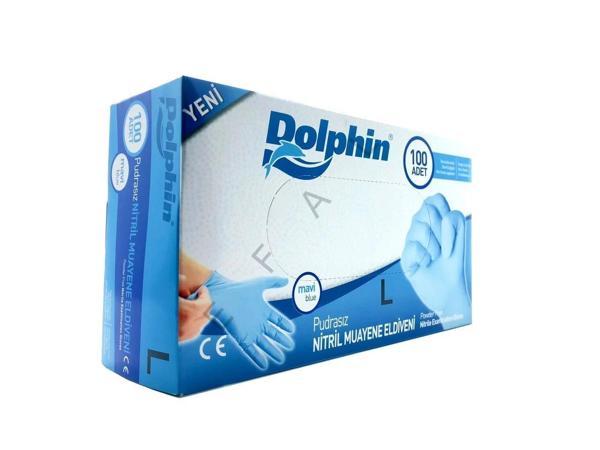 Dolphin Tek Kullanımlık Lateks Mavi Pudrasız Nitril Muayne Eldiveni Large Büyük Boy - 100'lü Paket - Image 1
