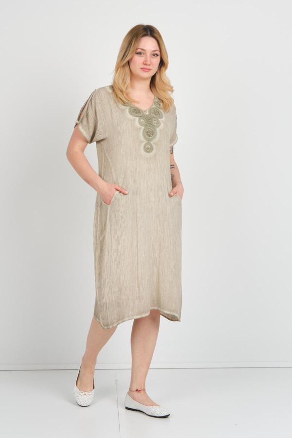 Ella Camelia Kadın Omuz Detaylı Çift Cepli Kendinden Desenli Elbise 19E074 Yeşil - Image 1