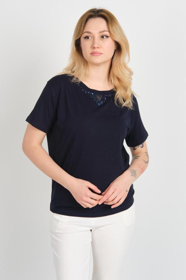 Sistas Kadın Yakası Parlak Taş Süslemeli Kısa Kollu Bluz 24281 Lacivert - Image 1