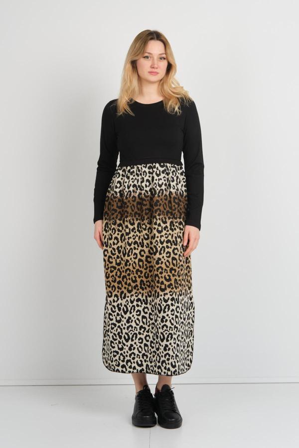 Sistas Kadın Leopar Desenli Yanları Yırtmaçlı Bisiklet Yaka Elbise 24922 Kahve-Bej - Image 1