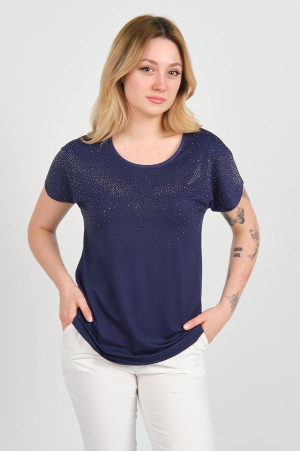 Ella Camelia Kadın Düşük Kollu Taş Süsleme Detaylı Bisiklet Yaka Bluz 24E116 Lacivert - Image 1