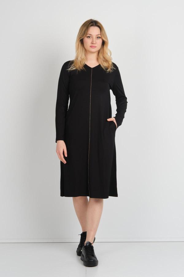 Sistas Kadın V Yaka Parlak Şerit Detaylı Uzun Kollu Çift Cepli Elbise 24442 Siyah - Image 1