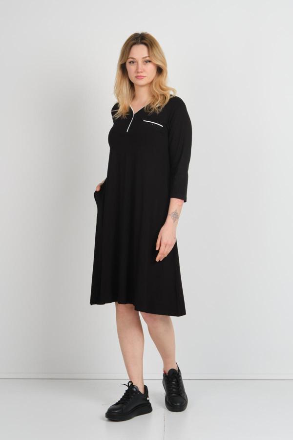 Sistas Kadın V Yaka Süs Cepli Truvakar Kol Elbise 24444 Siyah - Image 1