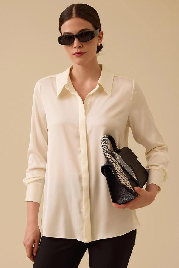 Seçil Kadın Gizli Düğmeli Saten Gömlek 0038 Ekru - Image 1