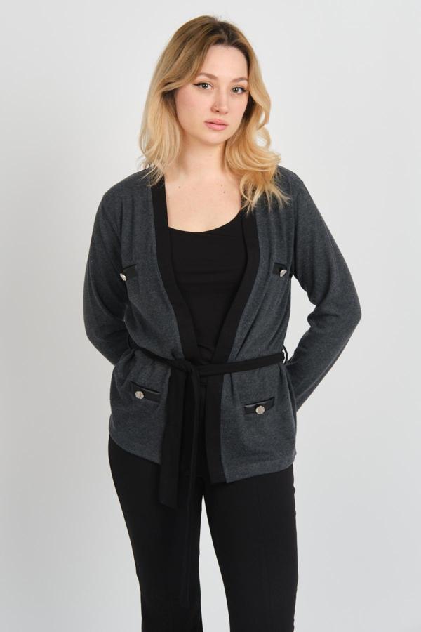 Sistas Kadın Belden Bağlama Detaylı Süs Cepli Ceket 23955 Antrasit - Image 1
