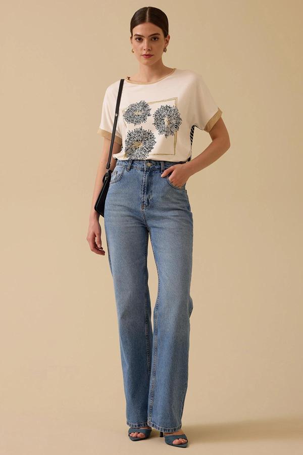 Seçil Kadın Baskılı Kısa Kollu T-Shirt 0011 Ekru - Image 1