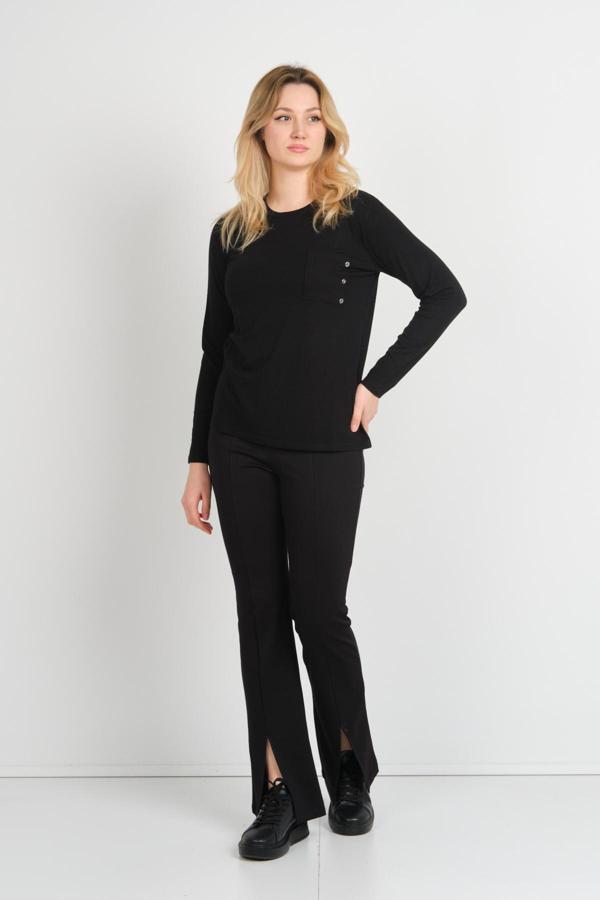 Sistas Kadın Tek Cepli Bisiklet Yaka Uzun Kol Bluz 24525 Siyah - Image 1