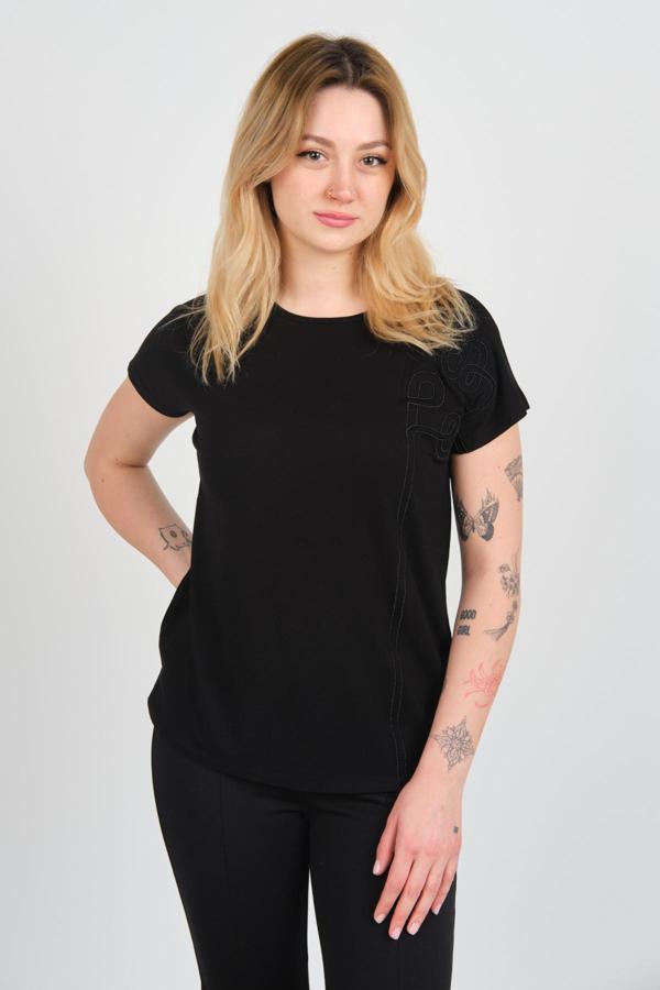 Sistas Kadın İşleme Detaylı Düşük Kol Bisiklet Yaka Bluz 4221 Siyah - Image 1