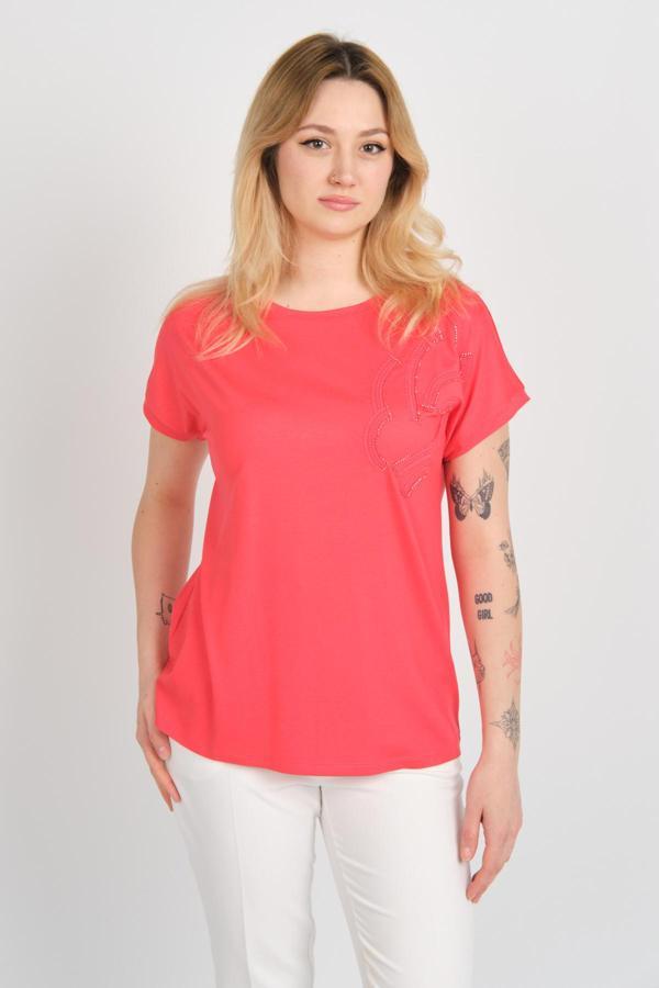 Sistas Kadın İşleme Detaylı Düşük Kol Bisiklet Yaka Bluz 24275 Mercan - Image 1