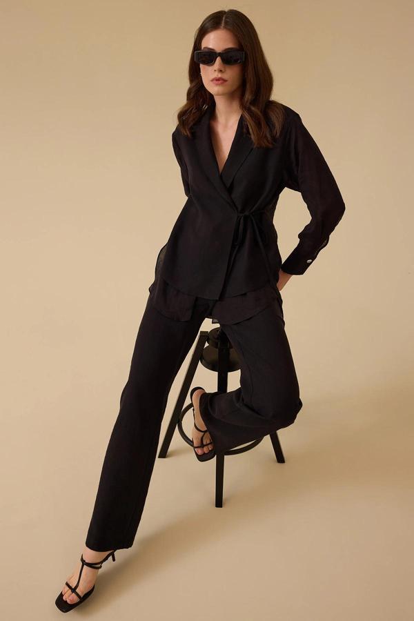 Seçil Kadın Bol Paça Keten Pantolon 0026 Siyah - Image 1