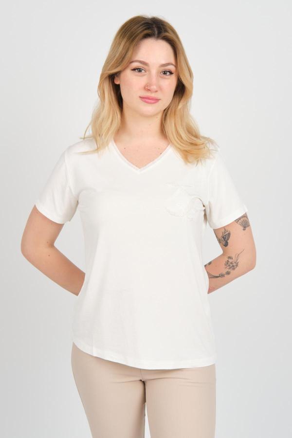 Sistas Kadın V Yaka Boncuk İşlemeli Kısa Kol Bluz 4142 Ekru - Image 1