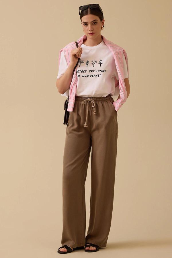 Seçil Kadın Bağcıklı Cepli Rahat Pantolon 0038 Kahverengi - Image 1