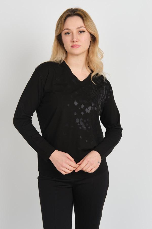 Sistas Kadın V Yaka Desenli Uzun Kol Bluz 24579 Siyah - Image 1