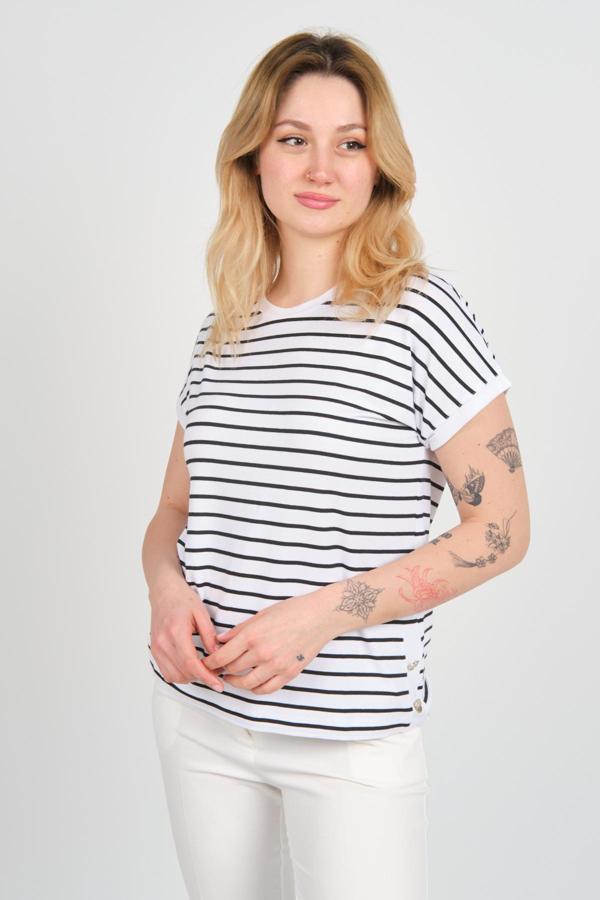 Sistas Kadın Bisiklet Yaka Çizgili Yanları Gold Düğmeli Bluz 24298 Ekru - Image 1