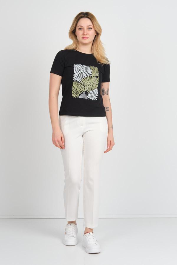 Sistas Kadın Baskı Desenli Kısa Kollu Pamuklu Bluz 24099 Siyah - Image 1