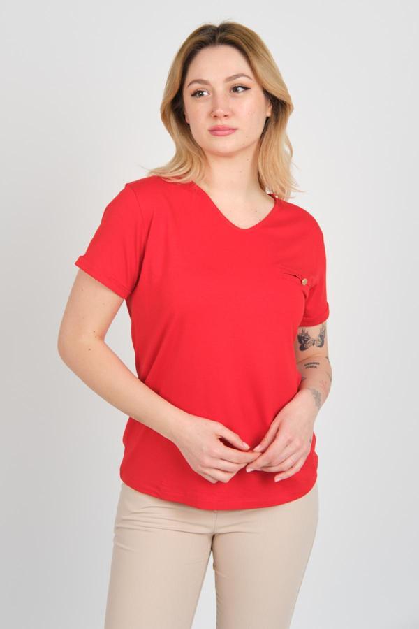 Sistas Kadın Kısa Kollu Süs Cep Detaylı Duble Kol Bluz 4110 Kırmızı - Image 1