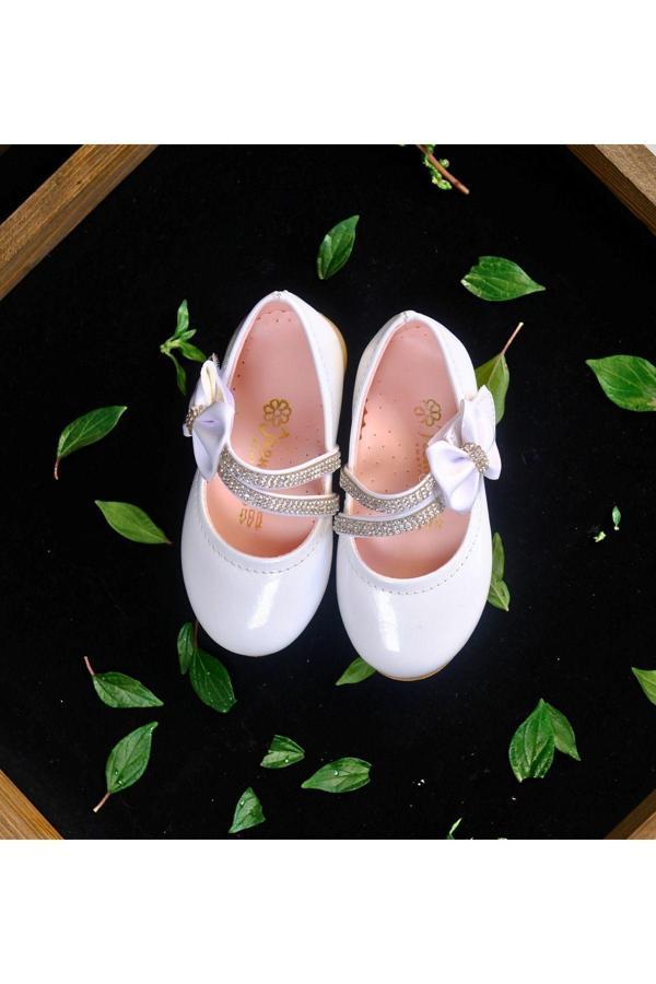 Kız Çocuk Beyaz Taşlı Cırtcırtı Fiyonklu Babet - Image 1