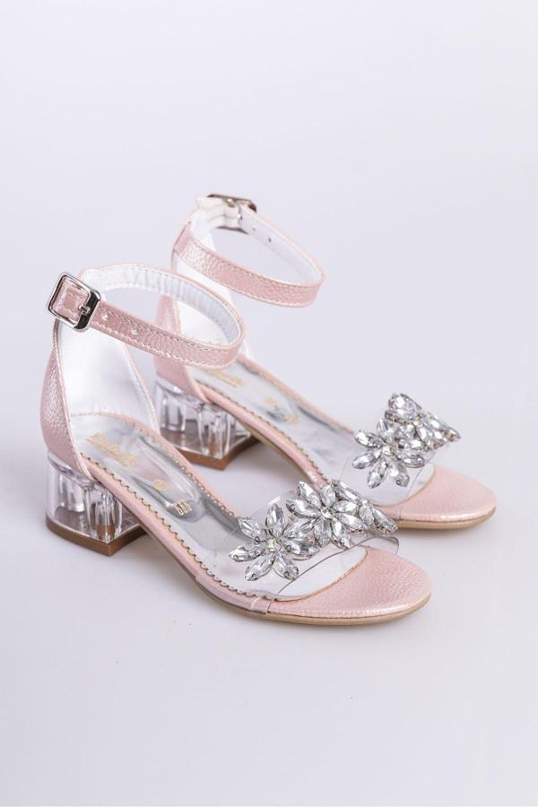Pudra Şeffaf Taş Detaylı Kız Çocuk Topuklu Abiye Ayakkabı - Image 1