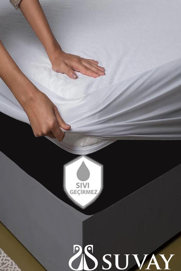 Suvay Pamuklu Fitted Full Kenar Su Sıvı Geçirmez Çarşaf Alez Tek Çift Kişilik Beyaz Renkli Yatak Koruyucu - Image 1