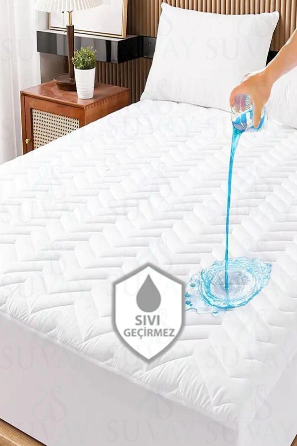 Suvay Kapitoneli Fitted Full Kenar Su Sıvı Geçirmez Alezi Beyaz Renkli Tek Çift Kişilik Yatak Koruyucu - Image 1