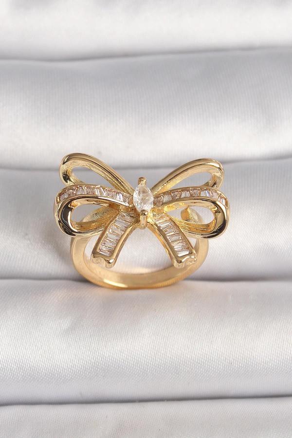 Pirinç Gold Renk Ayarlanabilir Zirkon Taşlı Kurdele Model Kadın Yüzük - Image 1