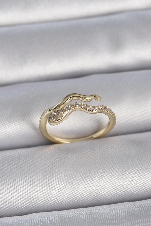 Pirinç Gold Renk Zirkon Taşlı Yılan Ayarlanabilir Model Kadın Yüzük - Image 1
