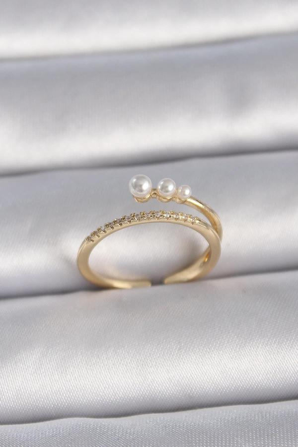 Pirinç Gold Renk Ayarlanabilir Zirkon Taşlı İncili Model Kadın Yüzük - Image 1