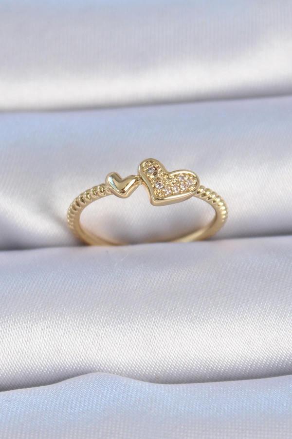Pirinç Gold Renk Zirkon Taşlı Kalp Model Kadın Yüzük - Image 1