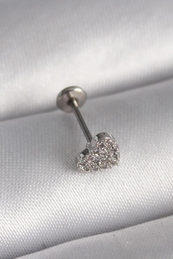 Celira Çelik Gümüş Renk Zirkon Taşlı Kalp Model Tragus Piercing - Image 1