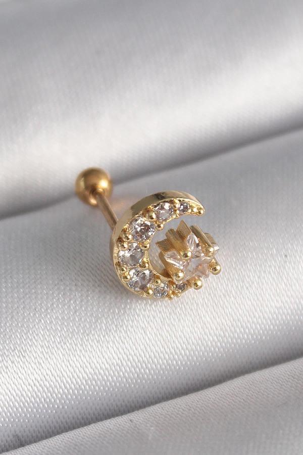 Celira Çelik Gold Renk Zirkon Taşlı Ay Yıldız Tragus Piercing - Image 1