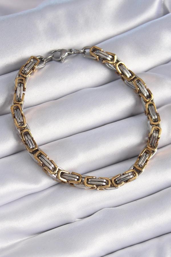 Celira Çelik Gümüş Gold Renk Kral Zincir Model Erkek Bileklik - Image 1