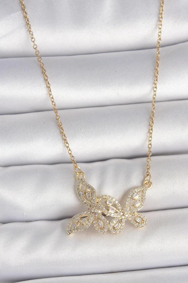Celira Çelik Gold Renk Zincir Zirkon Taşlı Kelebek Model Kadın Kolye - Image 1