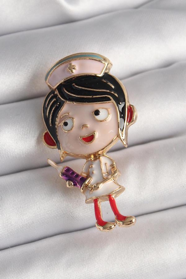 Pirinç Gold Renk Renkli Hemşire Model Kadın Broş - Image 1