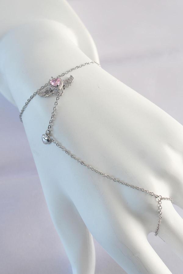 Celira Çelik Gümüş Renk Pembe Zirkon Taşlı Kanatlı Kalp Model Şahmeran - Image 1