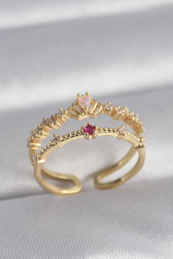 Pirinç Gold Renk Zirkon Taşlı Taç Model Kadın Yüzük - Image 1