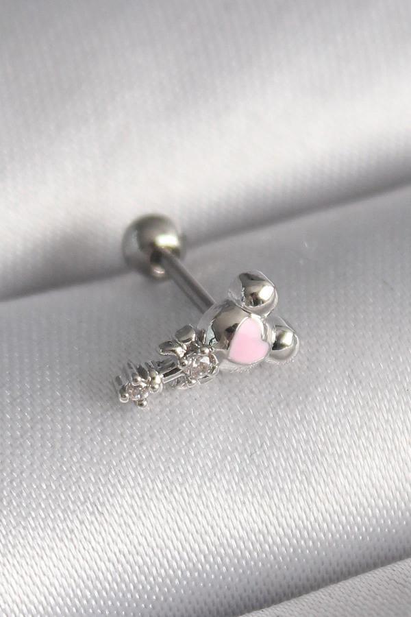 Celira Çelik Gümüş Renk Zirkon Taş Detay Pembe Kalp İşleme Tragus Piercing - Image 1
