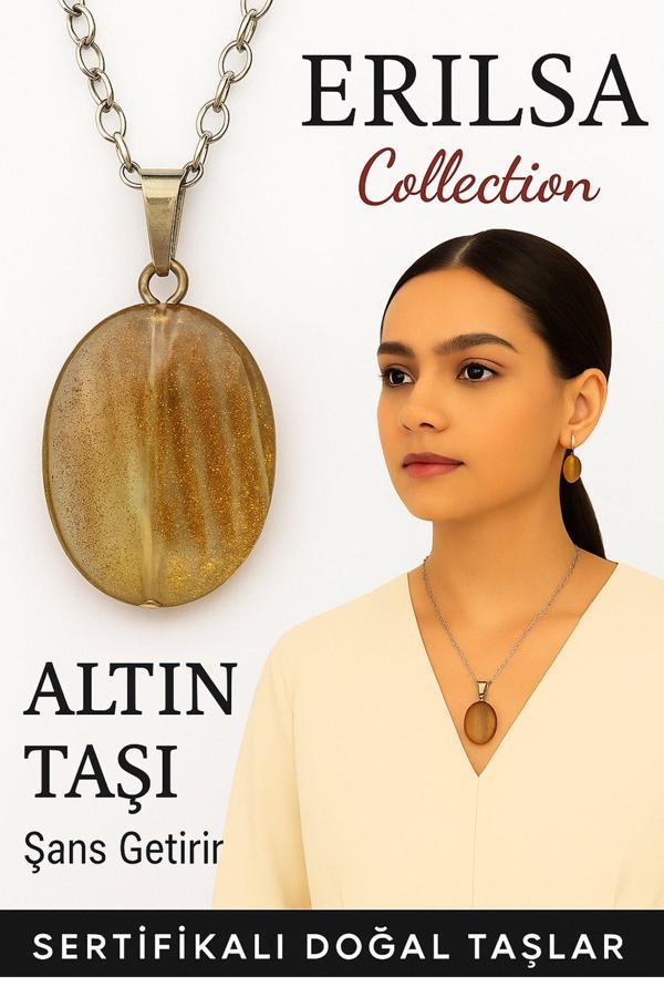 Sertifikalı Oval Model Altın Taşı Kolye (Gold Stone) – Işıltılı Enerji, Cesaret ve Hedef Odaklılık - Image 1