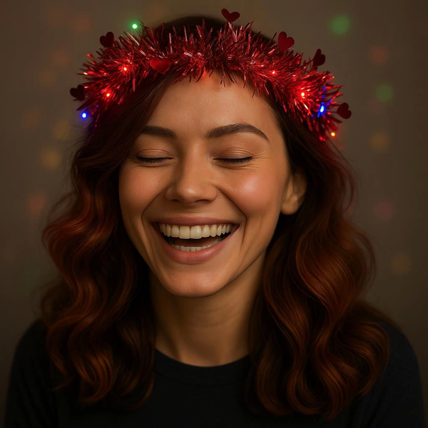 Kalp Püsküllü Gece Parıltısı 3 Modlu Led39li Işıklı Taç Kırmızı Renk - Image 1